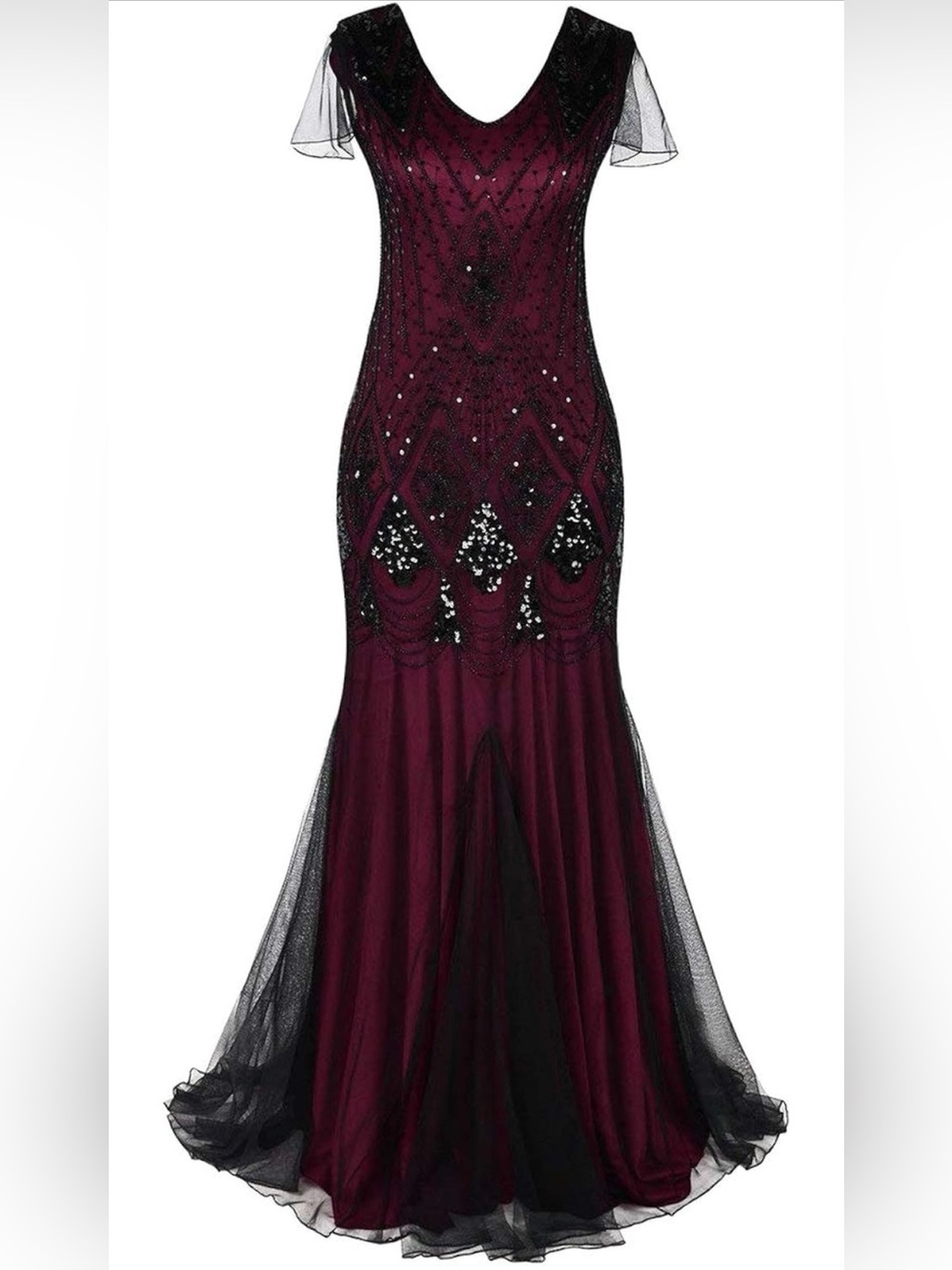 Vintage 1920s Gatsby Flapper Party Dress V Neck Art Deco Sequins Mermaid Hem